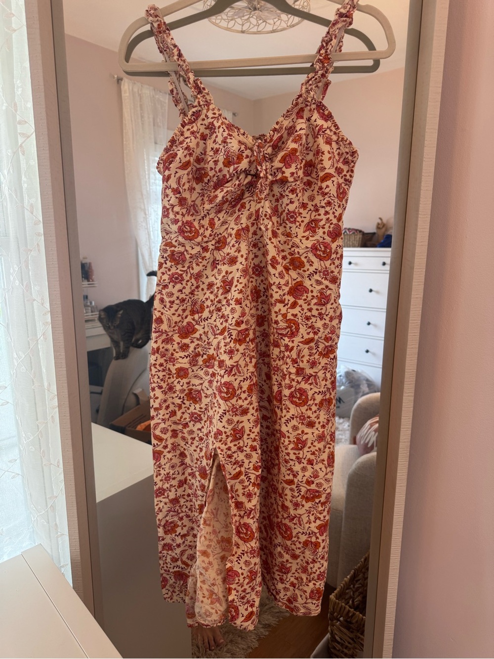 Japna Cream Midi Dress with Red Floral Print
